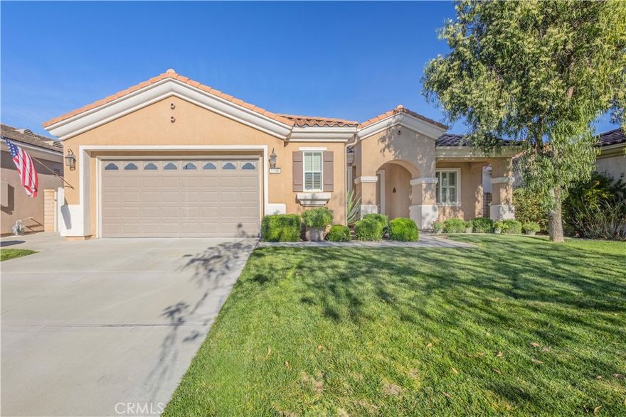 Welcome to this beautifully upgraded home located in the highly desirable 55+ community of Solera Diamond Valley by Del Webb. Thoughtfully enhanced from top to bottom, this spacious & versatile popular "El Dorado" floor plan offers 2 bedrooms (each on opposite sides of the home) 2.5 bathrooms, formal dining room & a generous bonus room that can be used as a den, hobby room, exercise space, or optional 3rd bedroom. From the moment you enter, you'll notice the attention to detail with crown molding throughout, custom plantation shutters, upgraded paint, & ceiling fans in nearly every room, including the patio. The open-concept kitchen flows seamlessly into the family room & features stainless steel appliances, a center island with breakfast bar, Corian countertops, recessed lighting, upgraded cabinetry, with pull-out shelving, & newer sink. The primary primary suite is a true retreat, offering a large walk-in closet with custom shelving & a spa-inspired bath complete with an oversized soaking tub, separate step-in shower featuring a custom teakwood shower mat, & dual vanities. The half bath has been tastefully updated with bead board accents & a Pottery Barn mirror. The laundry room includes upper & lower cabinetry, utility sink, & decorative stainless shelving. Step outside through oversized sliding doors to a peaceful & meticulously designed backyard oasis, complete with a private Caldera spa which includes pump, filter, ozone system, & heater. Enjoy year-round relaxation under the extended alumawood patio cover with ceiling fan or gather around the freestanding outdoor fireplace with chimney. Custom concrete, river rock, stepping stones, fountain, raised planters, fruit trees, solar lighting, perimeter water faucets, block walls & vinyl fencing create a serene & functional outdoor living space. The garage is equally impressive with epoxy flooring, Gladiator cabinets, rail systems with hooks, Rubbermaid mounting bars, pegboard, upgraded lighting, workbench with solid wood top, replaced garage door opener, newer gas water heater & replaced pressure regulator. Residents enjoy resort-style amenities including indoor & outdoor pools, spa, a workout fitness center that includes an indoor walking track, library, billiard tables, conference rooms, bocce ball courts, pickleball courts & tennis courts. The community has daily, monthly & annual events that bring the community together! This exceptional home offers comfort, quality, & lifestyle; truly a must-see!