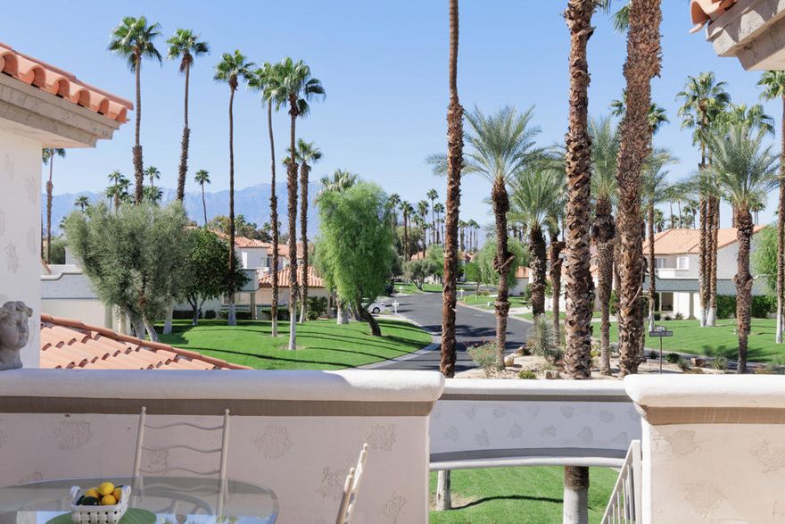 Wake up to sweeping golf and mountain views in this turnkey-furnished, east-facing condo. From the front balcony, take in dramatic San Jacinto peaks and an abundance of swaying palms; inside, wide-tile flooring runs through the main living spaces for easy, low-maintenance living. The great room and dining area look across multiple fairways with layered greens, giving you a 'view location' that truly lives larger than the square footage. A bright kitchen opens toward the action so you're never far from the conversation. The orientation is ideal--soft morning sun, afternoon shade--so patios stay comfortable all season. Offered fully furnished (per inventory) for an immediate move-in or effortless rental launch. Resort-style community amenities nearby, plus quick access to dining, shopping, and desert fun. If you've been waiting for a clean, updated, view-forward home that's ready on day one, this is it. The generously sized primary suite is a true retreat, complete with direct balcony access, ample closet space, and a spa-inspired bath. Two additional bedrooms offer comfort and flexibility, perfect for guests or a home office. Additional highlights include an in-unit laundry area, attached two-car garage, and access to the exceptional community amenities: 24-hour guard-gated entry, tennis and pickleball courts, fitness center, and resort-style pools. This residence offers a rare opportunity to enjoy the best of the desert lifestyle with the peace of mind and prestige that comes with living at Desert Falls. Short term rentals are approved. The privately owned Desert Falls CC offers pay-as-you-play or membership options. Desert Falls is perfectly located mid-valley, close to dining, groceries, and retail. Within minutes of the renowned AcriSure Arena - a premiere venue home of the CV Firebirds hockey team and hosting the biggest artists and acts on the planet.