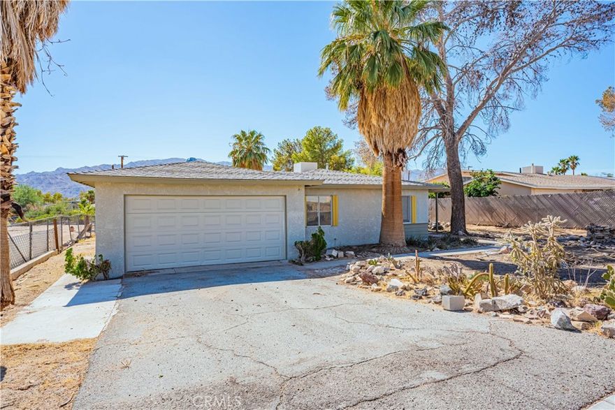 Desert living with investment potential! This 2-bed, 1-bath home (~860 sq ft) sits on a spacious ~0.38-acre lot in Twentynine Palms—just minutes from Joshua Tree National Park. Perfect for first-time buyers or investors, the property offers room to add value with modern window upgrades, a pool, or additional outdoor living space. Inside features a functional layout, while the large lot provides endless potential for entertaining or expansion. With strong demand for short-term rentals near Joshua Tree and local comps in the $230K–$270K range, this property delivers affordability and upside.



Seller will offer interest rate buy-down.  Please contact listing agent for details!