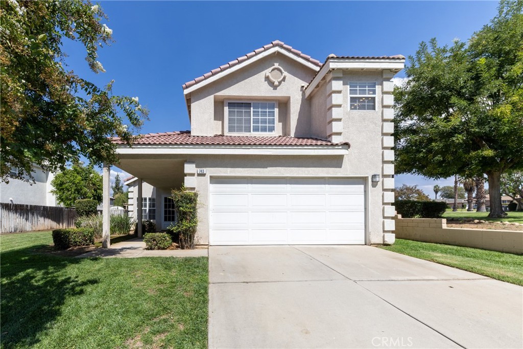 Great opportunity in Redlands. This 3 bedroom, 2.5 bath home is located in a cul-de-sac and next to a greenbelt. HOA maintains the front yard landscaping, greenbelt & park area at the end of the cul-de-sac. Home is centrally located with quick access to the freeway and just a couple of minutes or so to the University of Redlands, public schools & shopping. Home features tile flooring downstairs & professionally cleaned carpet upstairs plus a whole house & garage fire sprinkler system. Fireplace in the living room with a sliding door to the backyard. Dining area between Kitchen & Living room. Interior laundry room between kitchen & garage. Kitchen features lots of cabinets with granite countertops, recessed lighting, stainless steel appliances and included refrigerator. Primary suite includes a private bathroom with a tub shower combo with double sinks along with a walk-in closet. Each bedroom including the living room has a ceiling fan. HVAC system replaced about 5 years ago. Backyard features a concrete patio slab, concrete side walkway with a lemon, key lime, pomegranate & olive tree along with a blackberry bush. Don't miss out, come & see!
