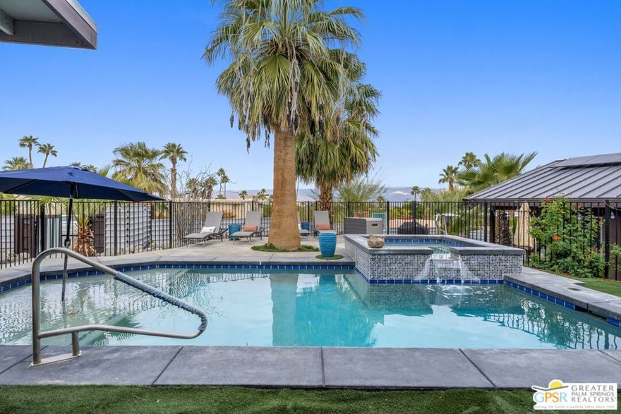 Spectacular Mid-Century home, located high up in the Cathedral City Cove. Owner prefers LONG TERM (1 year+) lease, and prefers to offer the home FURNISHED. However, shorter terms may be considered at an additional cost (Please reach out for details). This 2 bed, 2 bath highly upgraded home has been enhanced to enjoy that indoor/outdoor lifestyle the Coachella Valley is famous for. One can start their day relaxing on a chaise lounge under the covered patio, enjoying the sun rise over the nearby mountains. The custom pool/spa, occasionally shared with the owners living next door in the ADU, creates a tranquil, resort-like setting & the baja shelf w/ umbrella allows for lounging in the pool. Open the slider doors to enjoy the calming sounds of the waterfall. A spectacular eat-in kitchen features ample storage, upgraded appliances/range, add'l under counter refrigerator, and large walnut island. Outdoor bbq is conveniently located just steps away. Separate living and family rooms feature views of the pool. Cozy room off the kitchen features custom woodwork, direct rear yard access, and is a great place to read a book or curl up with your laptop. Indoor laundry closet features side by side units. The spacious primary suite features beautiful views and direct access to the pool. Primary bath features a contemporary dark paint, luxurious glass shower and dual sinks. Secondary bedroom is also spacious, with close access to the guest bath w/shower & tub. Large carport for 2 cars (electric vehicle charging station included & home is on solar!) and additional storage, as well as add'l parking in the driveway. If you're looking for a highly customized, stunning home only 15 minutes away from Palm Springs, give this one a look! Perfect for those that don't mind sharing the pool on occasion. Like detached luxury condo living, except in this case, you only share the pool with one unit, instead of many (priced accordingly)! Utilities paid as flat $675 fee each month + overages (tenant responsible for any bills over $300). Pets may be considered on a case by case basis.