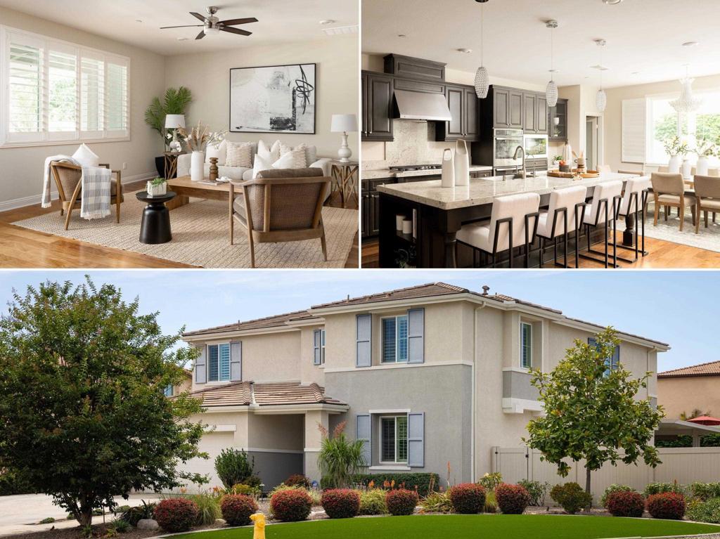 First-time-on-market home & Like-new construction situated on a massive corner lot with reinforced RV/boat parking pad and sport-court side yard(s). Full Bedroom and bath downstairs. The open-concept layout includes high ceilings, oak hardwood flooring, and window shutters throughout. The gourmet kitchen features a granite island, undermount stainless steel sink with reverse osmosis filtration, a five-burner cooktop, GE Profile stainless steel appliances (double oven, dishwasher, refrigerator), and a large walk-in pantry. Upstairs includes four spacious bedrooms, a built-in office area, and a large laundry room with extra storage. The luxurious primary suite features stone countertops, a walk-in shower, soaking tub, and an expansive walk-in closet with hardwired Cat5 wiring. Outdoor living shines with an Alumawood patio, drought-tolerant landscaping, drip irrigation, fruit trees (apple, fig, tangerine, jujube), a vegetable garden, and a sport court play area. This smart home boasts solar power (buyer to assume current lease), a tankless water heater, and an alarm system (buyer to activate). Additional highlights include a three-car garage with epoxy floors, and fire sprinklers. Perfectly located minutes from coastal beaches, shopping, and top schools, this private retreat has no equal in the neighborhood!