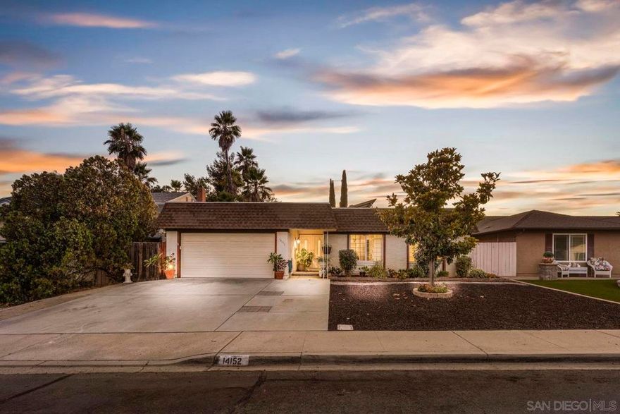 Experience the perfect blend of indoor-outdoor living in this bright, open-concept home within Poway's highly acclaimed school district, renowned for academic excellence. This unique residence features a dramatic central atrium with skylight and welcoming entry skylight. The seamless floor plan flows from the front entrance to the pool patio, creating an ideal entertaining space. The spacious layout showcases soaring 10-foot ceilings in the master bedroom, atrium, and living room. Large windows throughout flood the home with natural light. The living space features a striking brick accent wall with fireplace, creating a warm focal point.  The impressive kitchen boasts granite countertops, stainless steel appliances, and abundant storage space. The grand kitchen island overlooks and opens to both the living area and backyard. A separate drink counter with additional cabinetry and wine fridge adds entertaining convenience.  Step outside to your well-maintained backyard featuring a sparkling pool, large covered patio, beautiful landscaping, and mature trees—perfect for hosting gatherings. The large primary bedroom includes an ensuite bathroom, mirrored closet, and sliding door leading to the private backyard. Practical updates include an epoxy garage floor, enhanced storage solutions throughout and leased solar system.  Located just one block from beloved Old Poway Park with its historic train, weekly farmers market, and frequent festivals. Walk to exceptional schools including Midland Elementary, with easy access to Twin Peaks Middle School and Poway High School. This prime..  location puts you within Poway's highly acclaimed school district, making it a sought-after destination for families prioritizing quality education. The walkable neighborhood provides convenient access to hiking trails, two major shopping areas, and public transportation. This exceptional property combines modern comfort with small-town charm in one of Poway's most desirable locations.