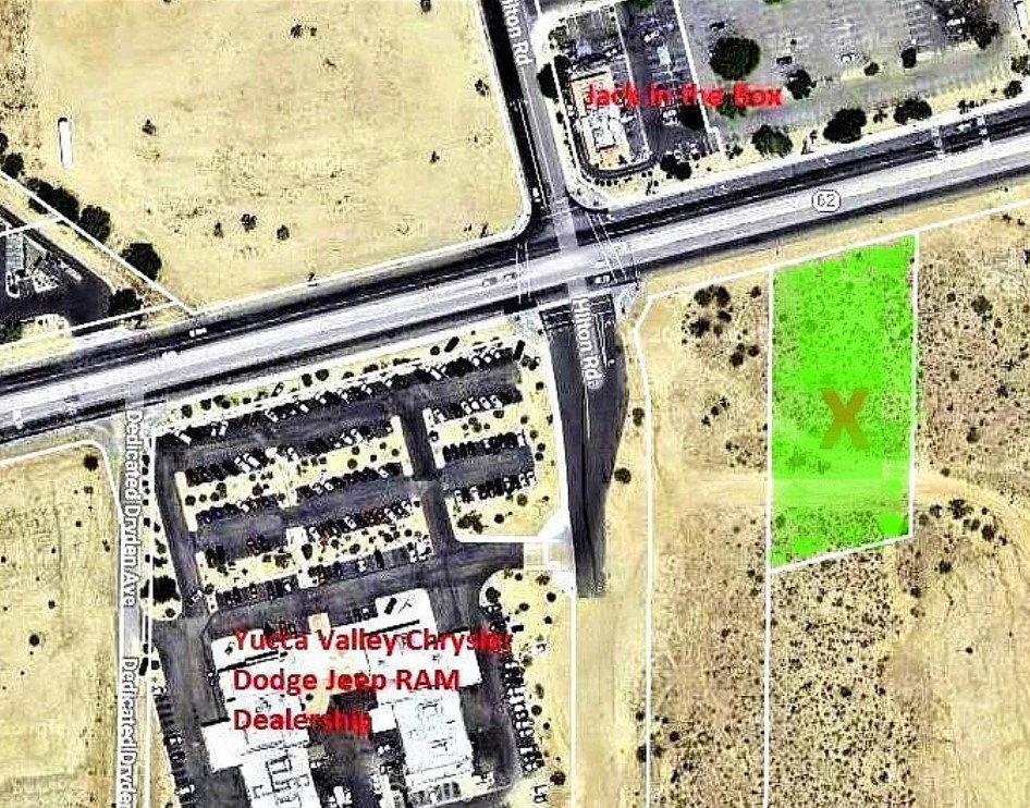 Prime Commercial Opportunity in the Heart of Yucca Valley! Don’t miss this exceptional investment opportunity in one of the Morongo Basin’s most desirable commercial corridors. This expansive 1+ acre commercially zoned lot is perfectly situated in the thriving center of Yucca Valley, just minutes from top national retailers including Home Depot, Walmart Supercenter, Vons, Stater Bros, Starbucks, Applebee’s, and a Chrysler dealership —all within a one-mile radius! Located near the newly installed sewer line on Hilton Ave and benefiting from high visibility with an estimated 20,000 vehicles passing daily (per Caltrans), this property offers outstanding potential for development. It’s also just a short drive from the largest Marine Corps base in the U.S., home to over 20,000 residents, and is ideally positioned to serve the area’s booming tourism— over 2 million visitors annually. Whether you’re an investor, developer, or business owner, this is your chance to secure a premium location in a rapidly growing market. Come see the possibilities for yourself!