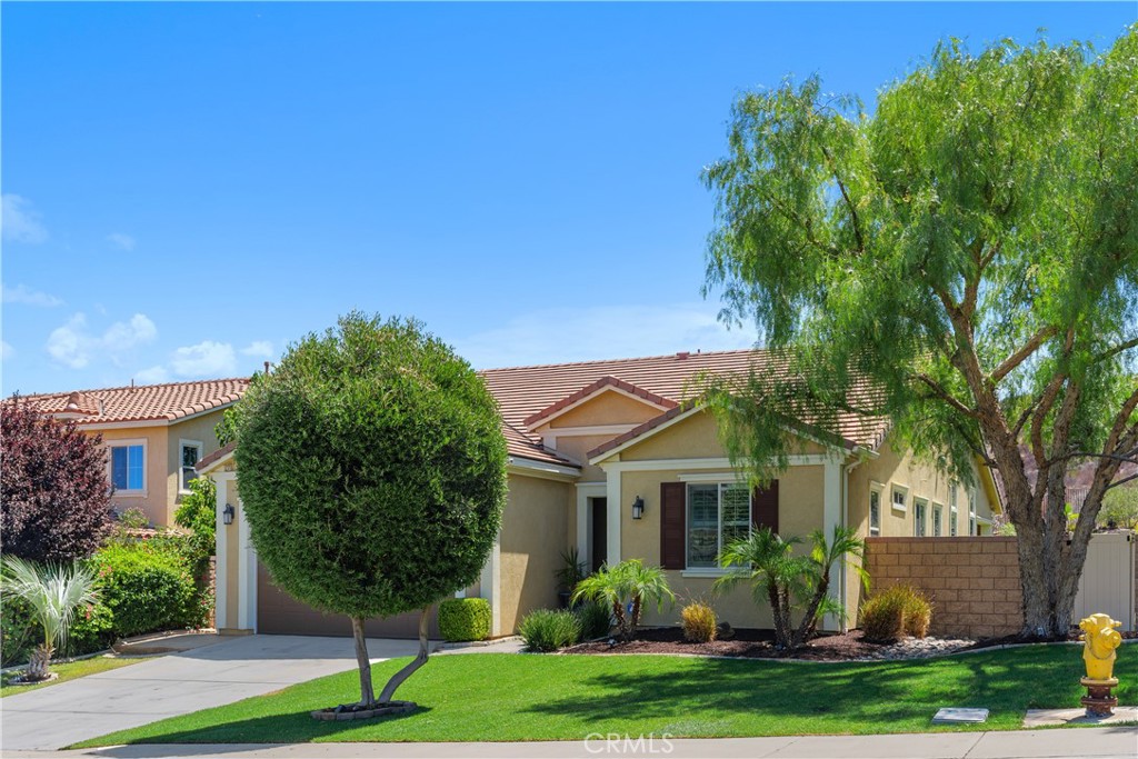 This stunning single-story home, built in 2015, is located in the highly sought-after Canyon Hills Community. Located on a large corner lot with beautiful mountain views. With soaring 12-foot ceilings and an open-concept design, the spacious kitchen features elegant granite countertops and seamlessly flows into the family and dining rooms, perfect for both daily living and entertaining. The versatile attic/bonus room offers extra space for recreation or relaxation. Throughout the home, you'll find beautiful double-pane windows with custom shutters and gorgeous wood flooring. Outside, the low-maintenance yard is designed for easy enjoyment, featuring a 4-panel sliding glass door that leads to a covered patio with outdoor fans and a cozy gas firepit – ideal for hosting gatherings or unwinding in the evenings.