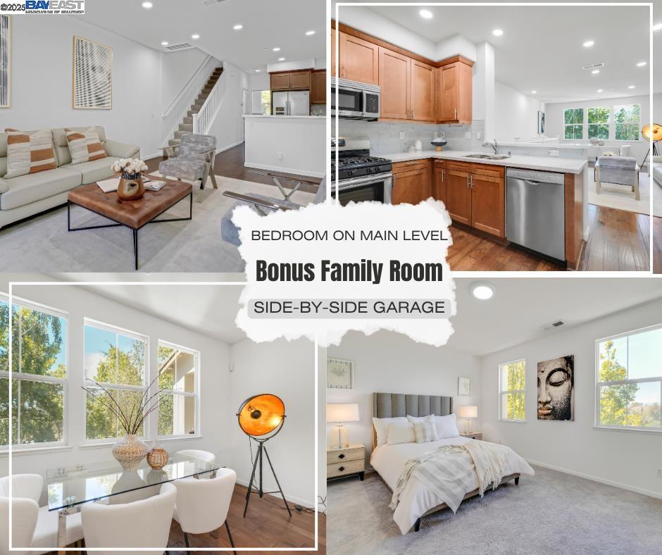 COMMUTER'S DREAM HOME. LOCATION + HOUSE!!! Bright and airy living space with modern floor plan. HIGH CEILING and EXPANSIVE FAMILY ROOM, with a bonus reading area, also perfect as an office on ground level. The open-concept layout features a spacious living and dining area filled with natural light, while the tastefully updated kitchen sparkles with ELEGANT QUARTZ COUNTERTOPS AND BACKSPLASH, stainless steel appliances, a large pantry, breakfast bar, and abundant cabinetry—perfect for everyday living and entertaining. ONE BEDROOM WITH FULL BATHROOM ON SECOND LEVEL, ideal for multi-generational living. Luxurious primary suite boasts dual closets, a walk-in closet, and an en-suite bathroom with dual vanities. Additional highlights include recessed lighting, dual-pane windows, and plentiful storage cabinets. The attached TWO CAR SIDE-BY-SIDE GARAGE provides ample parking. LOW HOA. Close to Berryessa BART, Light Rail, major freeways, groceries, shopping, dining, parks, and top Silicon Valley employers. BEST VALUE FOR YOUR MONEY.