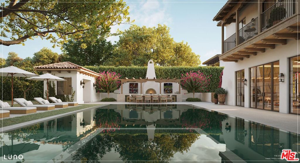 The Rancho Residence. Your masterpiece estate is shovel-ready. The most innovative and creative design from award-winning LUNO DESIGN has curated a classic modern Spanish in Encino's "Rancho Estates." The allure of Montecito's fabled estates is yours on this fully permitted, sprawling one-acre property. This is truly a legacy property. Pass the guard house through antique wood gates into the cobblestone motor court to be surrounded by a Bougainvillea-draped square that evokes an enchanting Spanish compound. The soft plaster pavilions scattered about the property create a village-like feel, perfect for that impossible-to-find multi-generational compound. Hand-crafted wood details appear in the gates, shutters, doors and eaves, while steel doors and painted wood windows offer timeless character that add to the charm of the property. A large custom steel and glass entry door accentuates the main front entrance and sets the tone for the traditional yet contemporary aesthetic of the interiors of this home. A double height entry foyer with flowing sculptural stair leads to a formal living room that looks over the pool and rear yard. The second floor offers five bedroom suites; one master and four secondary suites. The main residence offers a full basement which provides space for active children and a more relaxing area for the parents. The gaming area for the kids includes karaoke stage, video game stations, ball pit, climbing wall and craft room. The 11-person theater provides ample amount of space for family movie nights. The spa wing of the basement includes steam room, sauna, plunge pool, salon and massage room; the perfect space to disconnect and relax. The service amenities of the house include space for 4 live-in staff members as well as a Kosher kitchen, all accessible from a private staff entrance. The backyard of this property truly rivals the home itself. After all, isn't that where we all want to live and play? It's spectacular that the outdoor rooms are thoughtfully created by various groves of trees. An outdoor dining area is enclosed by old growth olive trees. The lap pool, bookended by the pool pavilion and gym pavilion, is lined by orange trees. Swim laps through the dappled sunlight from the old growth oak tree while breathing in the sweet scent of orange blossoms. The gym pavilion becomes the hub of fitness on the property. Containing the gym, it is central to the tennis court, half basketball court, and the lap pool. This stunning classic Spanish home offers 18,000+ square feet of livable space across its multiple structures. Come escape to your own personal slice of sun-soaked California bliss. Also available - 17115 Rancho - The Encino Estate. This Mid Century Modern is ready to break ground. The 53,797 sq. ft. lot includes 5 bedrooms, boasting 23,000 sq. ft., offered at $7,777,777.