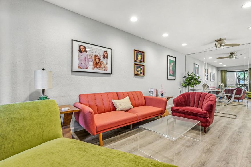 Welcome to this beautifully updated condo in Palm Springs Villas II, offering a fresh modern design and resort-style living. This stylish 1-bedroom, 1-bath condo just steps away from the  pool features an open living and dining area with wood-look flooring, recessed lighting, mirrored closet doors, and a covered patio surrounded by lush greenery with a North-facing view of the tennis courts. The kitchen boasts quartz counters, sleek white cabinetry, and stainless-steel appliances. The spacious bedroom includes ample natural light and mirrored wardrobes, while the bathroom showcases a walk-in shower with stone accents and a glass enclosure. Palm Springs Villas II offers tennis courts, sparkling pools and spas, and beautifully landscaped grounds--all just minutes from downtown Palm Springs, dining, and shopping.
