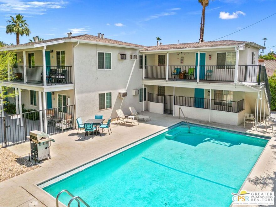Your Private Palm Springs Retreat Awaits in Unit 5! Welcome to your perfect desert escape inside a beautifully maintained, fully gated six-unit community in South Palm Springs. Unit 5 boasts one of the most sought-after locations in the complex, positioned directly in front of the sparkling pool, offering effortless access to sunshine and relaxation just outside your door. Step inside to discover a thoughtfully designed one-bedroom, one-bathroom apartment that combines comfort and style. Two efficient wall-mounted air conditioning units keep the home cool throughout the year, while large windows fill the space with natural light and provide tranquil views of the pool. Enjoy your morning coffee on your private patio, spend the afternoon by the water, or unwind in the evening at the shared BBQ with neighbors under the desert sky. This peaceful community offers a true sense of comfort and connection. When it is time to explore, you are within distance from local favorites like Koffi and The Ace Hotel, along with scenic hiking trails and the vibrant restaurants and boutiques of downtown Palm Springs. Water and trash service are included. Tenants are responsible for gas, electricity, and Wi Fi. Unit 5 offers the best of desert living with its inviting poolside setting, warm atmosphere, and unbeatable South Palm Springs location.