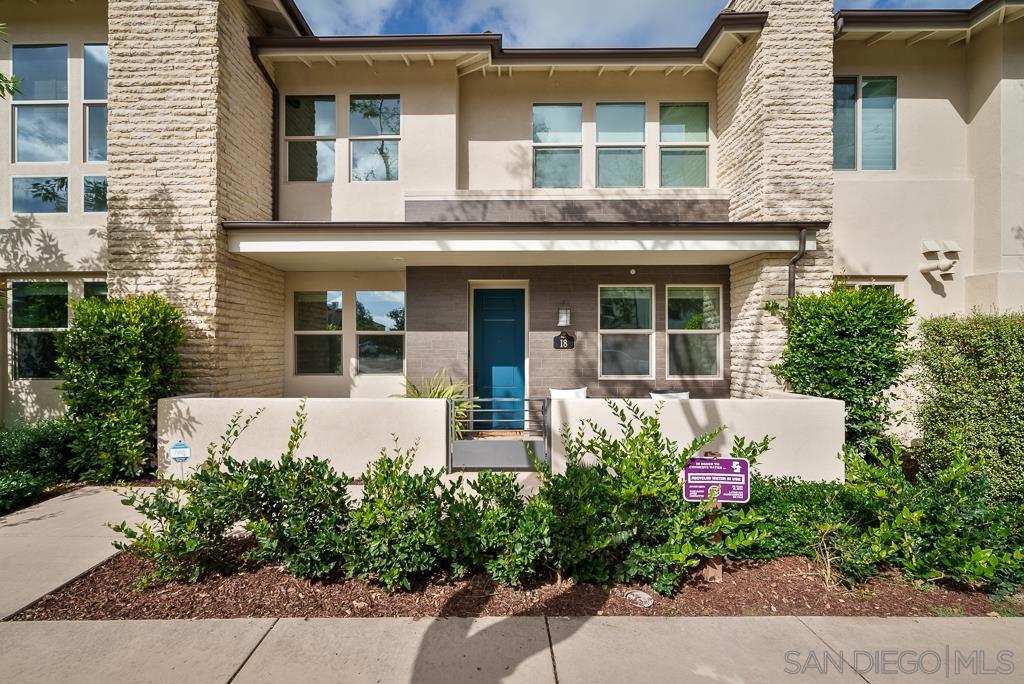 HIGHLY UPGRADED Avante at Del Sur 55+ Plan 1 townhome in a phenomenal location! Only Avante plan with a usable front courtyard. Unit 18's front courtyard is set back further from the street than other Plan 1 units, allowing you to to enjoy your outdoor space while watching the friendly hubbub of Del Sur. Beautiful LVP flooring, new twine Shaw studio set carpet in bedrooms, white shaker cabinetry with chrome pulls throughout. Dream kitchen with Arizona concrete grey quartz counters, glass pendants, European soft close... drawers, glass cabinet display doors, subway tile backsplash, Moen plumbing fixtures, and modern matte black chandelier at the dining area. The premier primary bedroom has crown molding, a built in, walk in closet, Arizona Denali white quartz counters in the en suite bathroom, unique lyric marble backsplash, Esmer plank tile in the shower, and a Vienna tiered crystal chandelier. Worldly gray walls, including the garage walls, an epoxied garage, insulated garage doors, Emporia 240V E/V charger, decorative curtain panels and faux wood blinds...the list goes on and on. Smart home features include a smart lock, smart thermostat, smart lighting and plugs, and upgraded wifi connectivity throughout. Avante offers all of the bells and whistles of Del Sur, with added Avante amenities: private clubhouse, gym, pool, spa, barbecue areas, fire pit, and a full social event calendar. Walkable to the Del Sur Town Center. All of this for under 1M!