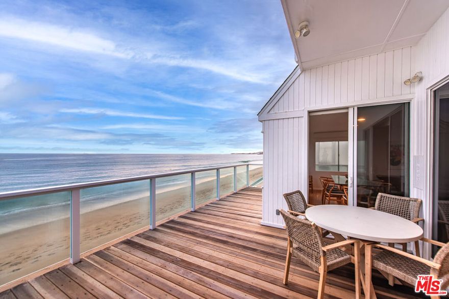 Discover the essence of Malibu living on one of its most coveted stretches of sand. This beachfront residence embodies the coastal lifestyle with expansive decks, abundant natural light, and panoramic ocean vistas. A spacious courtyard introduces the home, leading into the ground level's open-concept design where the ocean-view kitchen, living, and dining areas seamlessly connect. Floor-to-ceiling sliding glass doors open to a sweeping deck ideal for sunbathing, dining, and enjoying unobstructed views of the Malibu Pier, Catalina Island, and city lights by night. A guest suite with en-suite bath completes the main level. Upstairs, four additional bedrooms await, highlighted by the oceanfront primary retreat featuring a private deck, breathtaking views, a walk-in closet, and a sun-filled bath. The epitome of quintessential Malibu living.