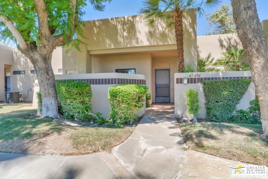 Step into the Palm Springs lifestyle at Desert Princess Country Club with this bright and inviting 2BD/2BA condo offering gorgeous mountain views, lush greenbelts, and beautiful landscaping. This single-level unit which has been lovingly cared for offers a private entry courtyard, two ensuite bedrooms, and a spacious kitchen with stainless appliances. Large sliders from both bedrooms open to a covered patio just steps from the pool and spa. Enjoy indoor-outdoor living, a detached garage, and your very own custom golf cart included for rolling up to the clubhouse or one of the 27 holes of championship golf. HOA covers tennis, pickleball, 24-hour security, clubhouse access, and more. This is the full resort experience in one of the desert's most desirable gated communities. Whether full-time or a snowbird this is the perfect home. This beautiful home is offered furnished. Buyer to verify all information.