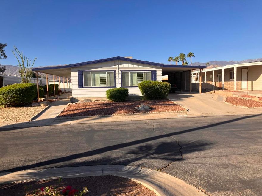 Welcome to PDG  a premiere guard gated over 55 + active adult community in the Coachella Valley. PDG has over 40 social clubs for your enjoyment and golf is included in your HOA fees. Other fun things to do for your enjoyment is tennis, pickle ball, shuffleboard and bocci ball. Also included on site are swimming pools, spas, a bar and restaurant as well as a Pro Shop.We have been BUSY during the summer getting this home ready for sale!! Updates of this cozy home include, power washing, fascia painting on the front of the house a refreshing color, ,new blinds, toilets, faucet, bedroom and bath painting as well as the  kitchen cabinets,  For guaranteed summer comfort a NEW  AC condenser has been installed with a 5 year warranty!!This wonderful home has semi-recessed ceilings in the living room with plantation shutters and recessed lighting. With the open front windows it is a light and bright house waiting for you to enjoy.!!Additional features include a security system and shed to store all your goodies. The front of the house has also been drywalled which helps keep the house cooler during summer months.Please note the seller is open to all reasonable offers and is selling in ''as is'' condition. A credit will be given should you wish to install a shower in the primary bathroom!Please come see this beautiful home.!! Please note although the home has a permanent foundation it does not qualify for conventional financing , May1976