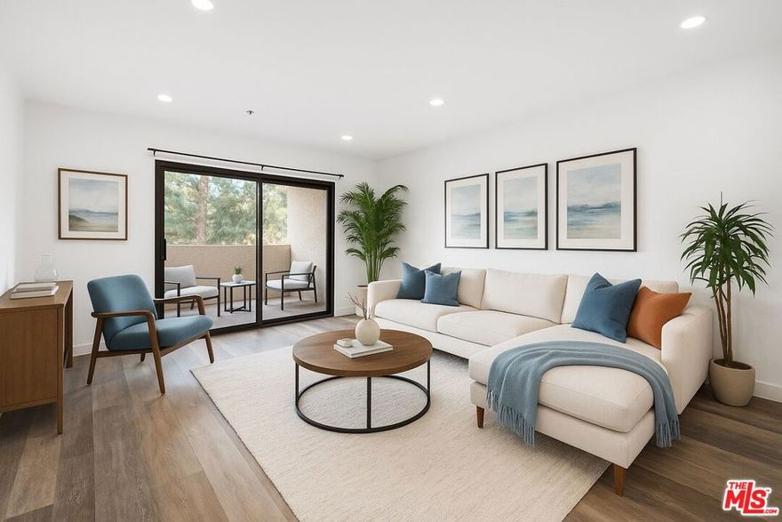 This remodeled Casa Gateway condo, in a 62+ senior community, is a highly desirable top floor unit with a bright fresh design. This one-bedroom, one-bathroom residence offers an impressive sense of space with an open-concept layout, a convenient counter for everyday meals and engineered wood flooring throughout. The balcony off the living room enjoys tranquil treetop views of the Lake Shrine, with subtle peek-a-boo ocean views visible from both the living room and bedroom. The spacious bedroom also includes a large walk-in custom closet. Casa Gateway offers a beautiful patio set among mature trees for gatherings with friends and family, along with community laundry and designated tandem parking for two cars. These top floor units don't often become available for lease. Ideally located across the street from Highlands Plaza, residents enjoy easy access to restaurants and Starbucks.