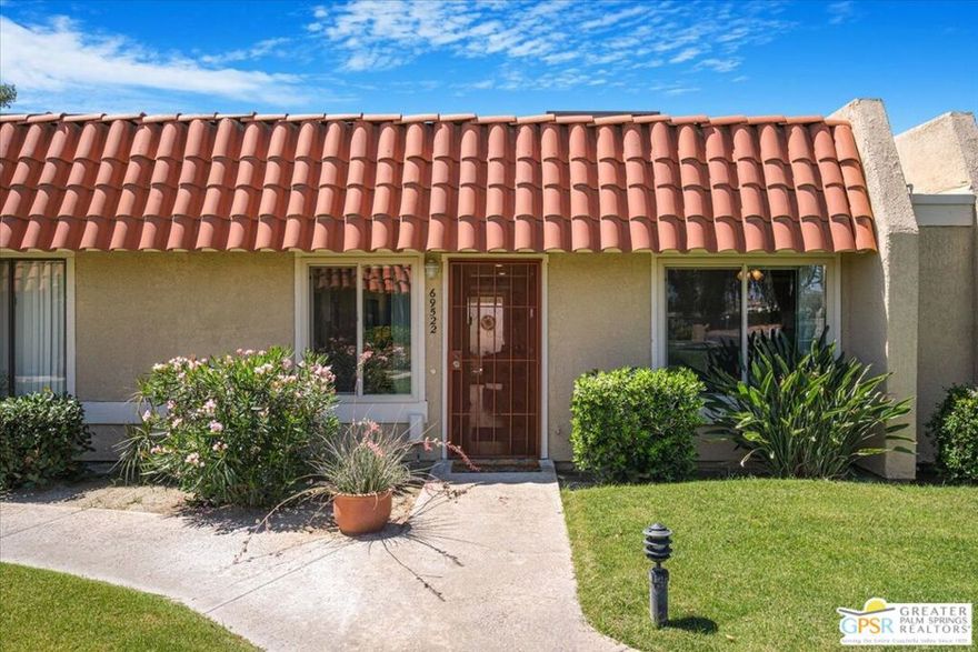 The moment you enter this two bedroom two bath condominium you sense immediately you have found a gem. It is offered turnkey and is move-in ready.  The kitchen, bar and dining areas shine with custom cabinetry quartz countertops, and ample storage.   Th ensuite primary and guest bathrooms have been completely updated with ceramic tile, custom cabinets, hardware and glass enclosures.  The flooring is a combination of plank laminate and ceramic tiles. There is a private enclosed patio off the living room and primary bedroom.    An additional storage room off the patio.   The separation of the bedrooms makes this floor plan very popular.  The  in-unit laundry is also a big bonus.   A one car carport is adjacent to the patio, and plenty of guest parking nearby.  Current community rent restrictions are in place.  Mountain View Villas offers 5 pools, 4 spas, tennis and pickleball courts and acres of a very well maintained park like setting.  Enjoy the indoor/outdoor desert lifestyle in a great community. HOA dues include cable, internet, trash, landscape, and exterior maintenance.   You own the land.