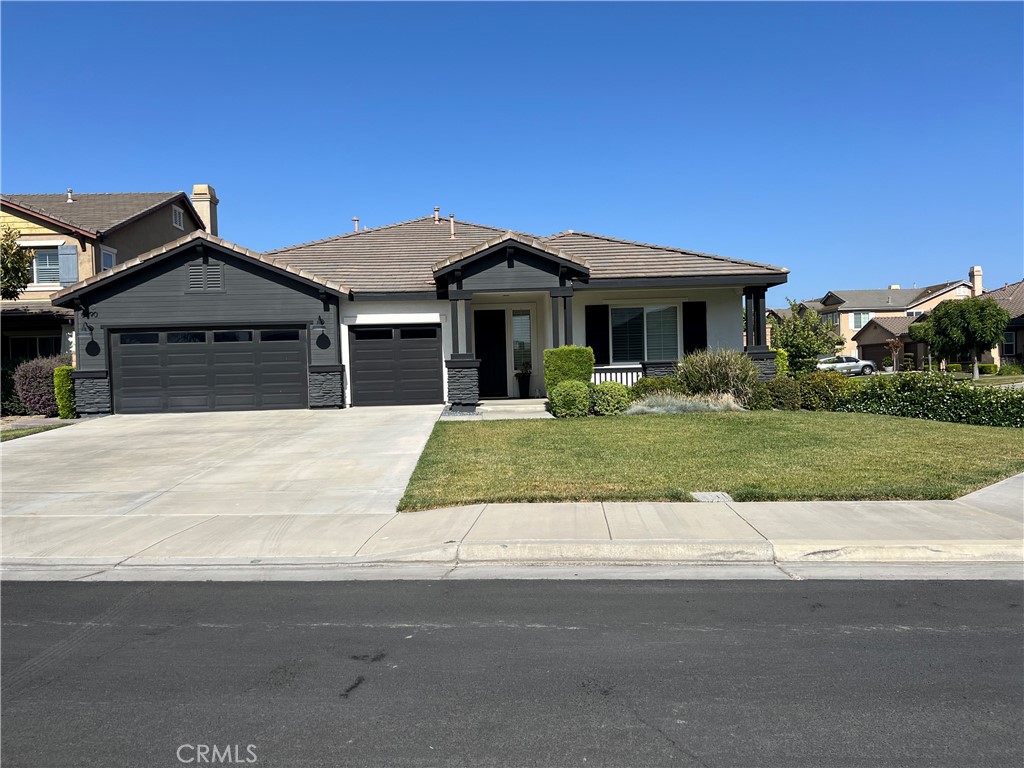 Beautiful single-story Trenton Square home in Eastvale on a cul-de-sac featuring 3 bedrooms, 4 bathrooms, and a versatile flex space ideal for a home office or den. The open layout begins with a spacious front living area leading into the central kitchen and large family room with custom shelving, shutters, and built-in surround sound. Tall ceilings and new luxury vinyl plank flooring enhance the home throughout. The generous primary suite offers a custom closet, separate shower and tub, and backyard views. Perfect for entertaining, the backyard boasts a pool and spa, a permitted pool bathroom addition, Alumawood patio cover sitting over a potential outdoor kitchen space, and an enclosed “catio" for your pets. Additional upgrades include owned solar panels, dual-zone HVAC, EV charger, 3-car garage, permanent exterior holiday lights, smart ceiling fans, and a smart sprinkler system. Stylish, energy-efficient, and move-in ready!