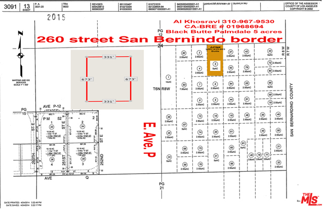 this 5 Acres of land located on P Ave and 260 street in Palmdale / Lancaster good investment for development buyer must pay for escrow and title and NHD and all other fees seller pays for tax. land sold as is where it is all liabilities is on buyer not seller. More info such as water, power, map, location go to Lancaster office planning at: 335A East Avenue K-6 Lancaster, CA 93535 phone 661-723-4475