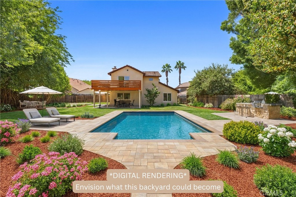 Dreaming of poolside summers, outdoor dining and room to entertain? These backyard renderings will help you get started with making that dream come true! Set on a generous pool-sized cul-de-sac lot with room to grow, this beautifully updated 3-bed, 2.5-bath home delivers style, flexibility, and future potential. Inside, brand-new LVP flooring flows throughout, leading to a refreshed kitchen with quartz countertops. The family room features a cozy fireplace framed by built-in shelving, while a separate formal living room opens to the dining area for effortless entertaining. The standout primary suite hides a SECRET BONUS ROOM behind a swing-open bookcase perfect for a connected nursery, private office, hobby studio, or dreamy reading nook. Step from the suite onto a show-stopping new deck and unwind at the end of each day. Modern, move-in ready, and packed with upgrades schedule your private tour today!