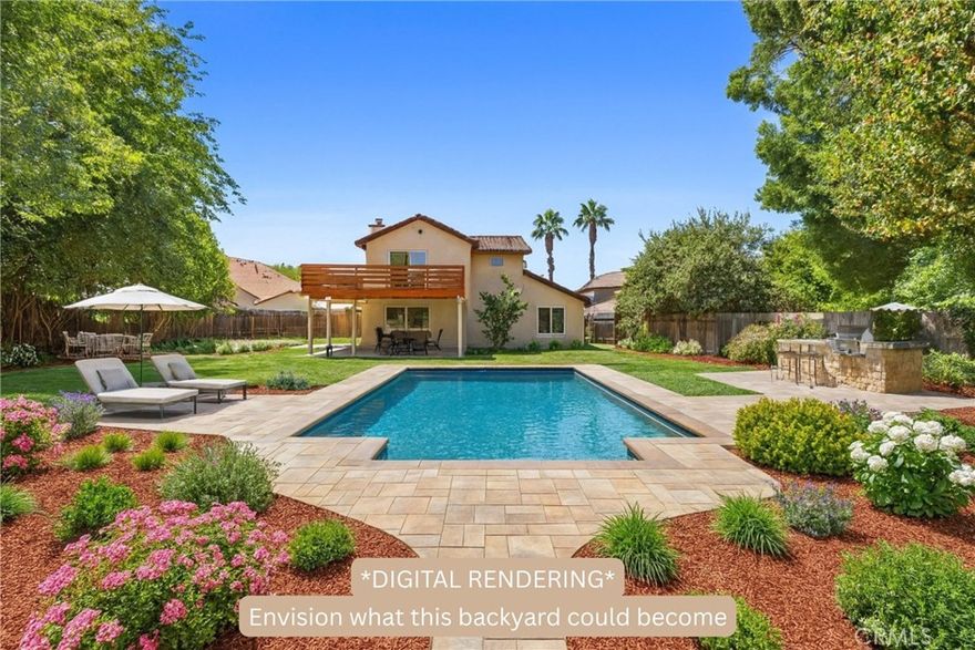 Dreaming of poolside summers, outdoor dining and room to entertain? These backyard renderings will help you get started with making that dream come true! Set on a generous pool-sized cul-de-sac lot with room to grow, this beautifully updated 3-bed, 2.5-bath home delivers style, flexibility, and future potential. Inside, brand-new LVP flooring flows throughout, leading to a refreshed kitchen with quartz countertops. The family room features a cozy fireplace framed by built-in shelving, while a separate formal living room opens to the dining area for effortless entertaining. The standout primary suite hides a SECRET BONUS ROOM behind a swing-open bookcase perfect for a connected nursery, private office, hobby studio, or dreamy reading nook. Step from the suite onto a show-stopping new deck and unwind at the end of each day. Modern, move-in ready, and packed with upgrades schedule your private tour today!