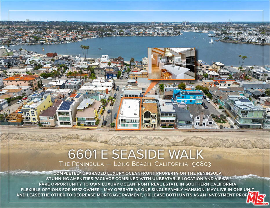 Occupying a corner lot on the sand, the property currently operates as a duplex containing a three-bedroom plus loft lower unit and a two-bedroom plus den upper unit, though a new owner may elect to combine the units to create one large single-family mansion. With Long Beach hosting several events in the 2028 Summer Olympics, in addition to the upcoming 2026 World Cup and 2027 Super Bowl in the area, demand for luxury short-term rentals may provide a dramatic increase in income for a new investor. The building was masterfully upgraded from 2021 to 2024, with nearly all major systems updated and replaced, including a brand new roof, newly replastered exterior, a largely new electrical system, a new beachfront balcony, new windows, several new plumbing lines, and a new pneumatic elevator. Even more impressively, the property's interior has been carefully reimagined with designer upgrades that add impressive flourishes to its international motif. Artemide lighting, a SMEG gas range, and custom-made hoods were all imported from Italy to adorn the living spaces that feature snow-white marble fireplace surrounds, a Toto electric water closet, a built-in Thermador refrigerator, and a floor-to- ceiling wine cooler. Built-in microwave drawers were designed into the kitchen cabinetry, with the lower unit housing a 22-foot kitchen countertop and the upper unit featuring a 15-foot kitchen island and vegetable sink. The exterior entertaining space includes an 18 by 13 foot outdoor porcelain kitchen with granite countertops that overlooks the ocean, along with a new outdoor shower featuring an original custom painted surfboard. An exquisite entry lobby leads residents to either of the two units and also provides access to the new see-through elevator, featuring a two-story glass wall with more ocean views. The property also includes a built-out two-car garage, offering rare parking for residents in this beach enclave. PLEASE CALL, TEXT, OR EMAIL LISTING AGENTS TO REQUEST A FULL MARKETING PACKAGE FEATURING MORE INFORMATION AND PHOTOGRAPHS.