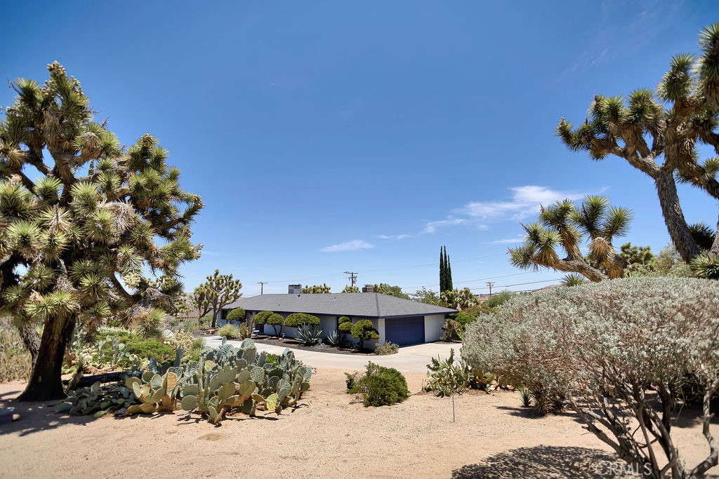 This 3-bedroom, 2-bathroom home in Yucca Valley’s sought-after Storey Park offers 1,890 square feet of living space on a spacious 24,750 square foot lot. The home's thoughtful floor plan features cathedral-style ceilings, creating a sense of light and space throughout. Flooring is a mix of Saltillo tile, hardwood, and carpet, giving the home a warm and versatile feel. A stylish brick fireplace adds flair to the living room, while the galley-style kitchen includes wood cabinetry and tile counters.
Comfort is provided year-round with central HVAC cooling for the summer months, along with a heater for cooler desert evenings. Large windows throughout the home bring in natural light, and the primary bathroom offers dual sinks, a standing shower, and a separate tub. A covered back patio provides ample shade, making it an inviting space for gatherings.
The Storey Park location places you near Yucca Valley’s community events, shopping, and dining, while also being just a short drive to hiking trails, Joshua Tree National Park, and the cultural offerings of the Hi-Desert.