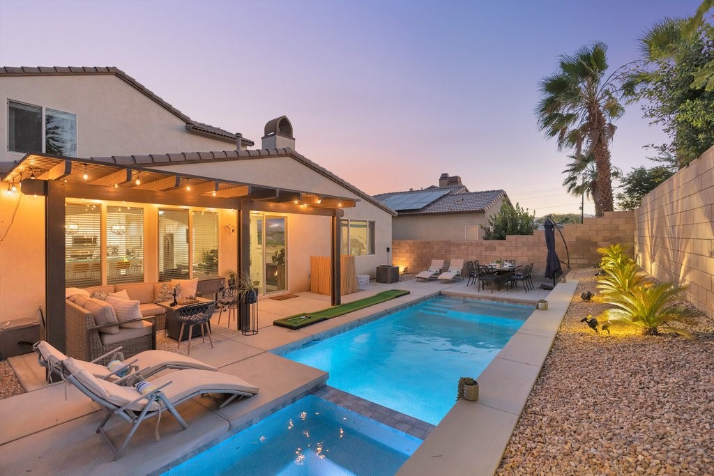 Fully remodeled single-story pool home on a quiet cul-de-sac in Indio, just minutes from golf, dining, shopping, and festival grounds. This stylish property features an open-concept layout with new flooring, fresh paint, upgraded lighting, and a modern kitchen with quartz counters, custom cabinets, and stainless steel appliances. Spacious bedrooms and beautifully updated bathrooms offer comfort and convenience. The private backyard is a true oasis with a sparkling pool, new hardscape, and plenty of space for lounging and entertaining. Ideal as a primary home, vacation retreat, or income property.