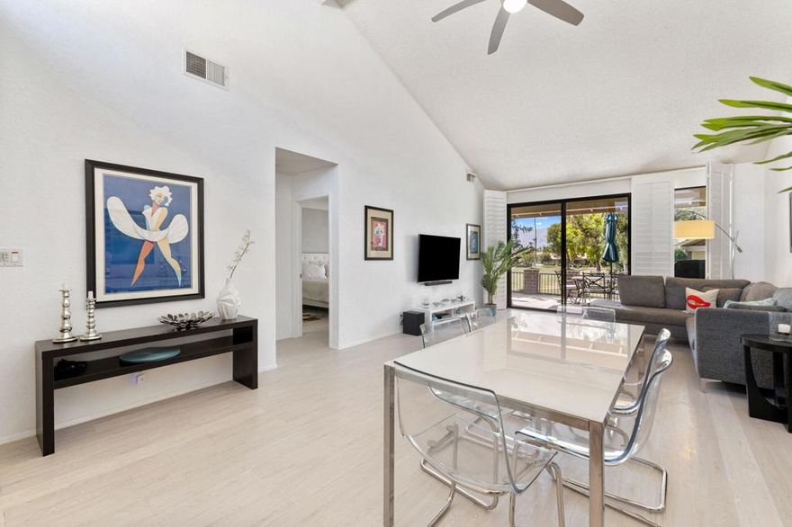 NOW ALL AVAILABLE ALL MONTHS. Turnkey Furnished! Curb appeal describes this plan 200 beginning from the street as you enter through the private, beautifully landscaped, enclosed courtyard to your own private retreat. The panoramic views of the golf course, single-level 2 bedrooms/2 bathrooms condo makes a perfect winter getaway. The living room features an oversized sliding glass door that brings ample natural light and provides easy access for indoor/outdoor living. The living room and dining area boasts vaulted ceiling with clerestory windows, making this unit light and bright. The primary en-suite bath has dual sinks, 2 closets and direct access to the bright and sunny patio, second bedroom with slider door leading to south facing courtyard patio, inside laundry, planation shutters, and double car garage. The kitchen and both bathrooms are updated, laminate flooring and open concept living! Enjoy the fabulous lifestyle the desert has to offer and experience gorgeous views from the enclosed extended back patio, perfect for entertaining! Start enjoying the Resort lifestyle at Monterey Country Club, with 27 holes of championship golf, 19 Tennis and Pickle Ball courts, Fitness Center, and 37 community pools and spas. Conveniently located close to The El Paseo Shopping District, The Shops at Palm Desert & Acrisure Arena