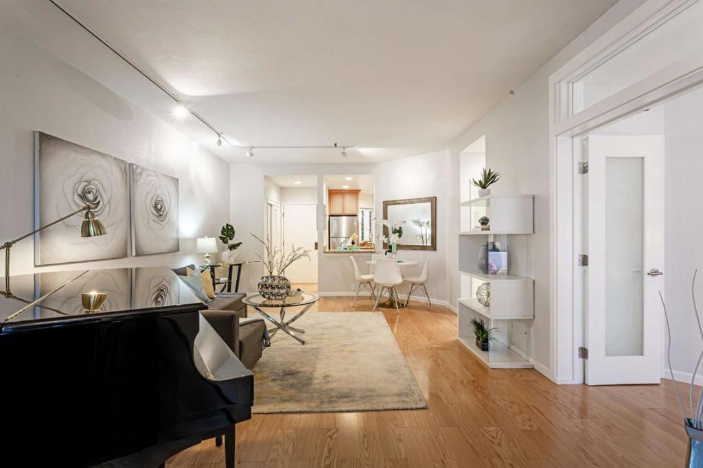 Charming and private, this condo has two bedrooms and one bathroom in 885 sq. ft. (per county) and features a spacious living room with fireplace, hardwood floors, fresh paint, track lighting plus large sliding glass doors leading out to the patio. The efficient kitchen has granite countertops, stainless steel appliances, plenty of counter space, ample cabinetry, and recessed lighting. The generously sized master bedroom is lit with sun through the large window and contains a wide closet. Tiled shower over tub & elongated vanity, as well as the laundry closet, are found in the spacious bathroom. Retreat to the patio shaded by a grove of redwood trees after a busy day or enjoy the community pool & spa. Accompanying the condo are a deeded parking space & storage unit. Enjoy walking to San Antonio Center & Briones Elementary, while Fletcher Middle & Gunn High are close by, making this condo perfect for everyone.