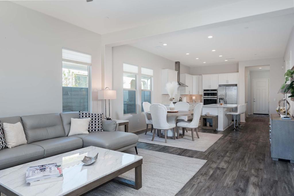 Holy Cow!  What a beautiful place to call home! The solar is owned on This beautiful designer selected colors brings serenity to the Solitude floorplan with 2 bedrooms, 2 baths plus a den/flex space.  The Solar is Owned!  The open floor plan offers a great layout for entertaining your friends.  The kitchen boasts a great place for gourmet cooking with a 5 burner gas cooktop and double oven.  A nice pantry is great for kitchen storage. The fully landscaped (low maintenance) back yard, including a large covered patio, is idyllic for enjoying the sunsets and mountains of our beautiful desert.  Located on one of the best cul-de-sac streets in Del Webb, Rancho Mirage's 55+ community. You can stay active with 8 Pickleball courts, 4 Tennis courts, 3 Bocce courts, a putting green, and six miles of walking trails.  On top of that you have access to a state of the art fitness center, a resort style pool and spa and multiple fun social clubs and a thriving social scene.  This is the place to be!  Furnishings are available under a separate agreement.