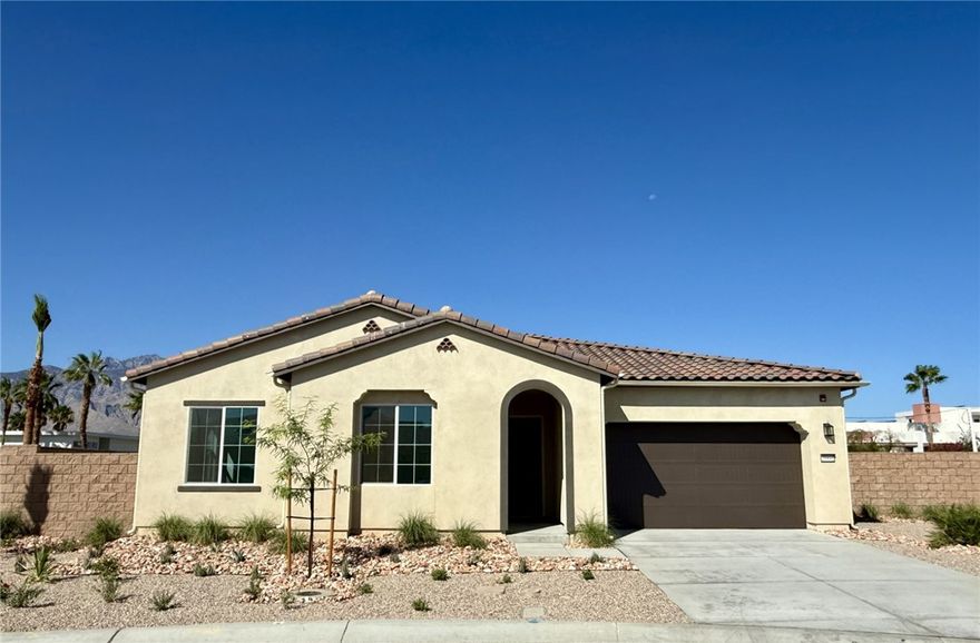 Located in the Prestigious Escena Golf Community in the Palm Springs area. All of our homes include a custom Pool and Spa and many custom designer features. This home, the beautiful Delaney floor plan boasts an open floorplan with 3 bedrooms, a formal dining room, great room and luxurious chefs kitchen with stylish bronze faucets. Quartz kitchen counters including a large kitchen island perfect for entertaining. Amazing GE Monogram appliances including the Built in Refrigerators. Two and a half baths including the primary bedroom with gorgeous ensuite bath, shower and soaking tub. Indoor laundry room with cabinets and sink. Great room has double sliding doors that leads to your expansive covered patio where you can enjoy the fabulous views of the Palm Springs mountains. Gated community, with walking paths, and pet friendly