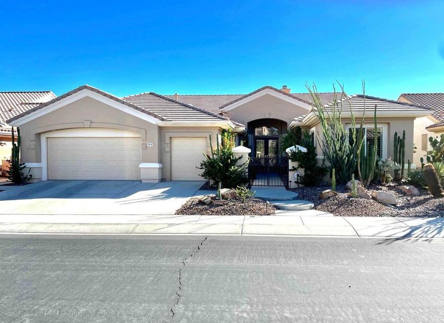 'SNEAK PEEK BEFORE PRO PHOTOS' Del Webb Sun City Palm Desert. Gorgeous GREAT ROOM Portofino. This highly sought after Estate model home is located in the heart of the community between the Sunset View and Lake View clubhouses. Nice curb appeal with gated courtyard and fabulous wrought iron and glass double entry doors. Inside, diagonally laid Travertine tile, plantation shutters throughout,12 foot ceilings in foyer and living room for dramatic open concept. The beautiful kitchen was tastefully upgraded with slab granite, stained raised panel cabinets and pull-out shelving, upgraded hardware, stainless appliances, chefs island with breakfast bar, walk-in pantry, classic mitered window and power shades, a skylight, and recessed lighting. Living and family rooms are open to the kitchen with gas fireplace, marble tile surround, custom cabinets and shelving, and a pool table if you like. Formal dining room has gorgeous tray ceiling. The master has an access door out to the patio and plantation shutters. The bathroom is extended with private retreat room makes a perfect office/hobby room. It has double vanities, large stall shower with glass block, soaking tub, skylight, and two walk-in closets. On the opposite side of the home there are two guest suites for maximum privacy. The powder bath has pedestal sink. Laundry room has washer and dryer, cabinets and utility sink. Extended 2-car plus golf cart garage has storage cabinets, a fridge, 1 NEW A/C in 2025 with a heat pump, and a replaced condenser on the 2nd one, and a newer hot water tank. The south facing spacious rear patio is extended with a full length ''Alumawood'' cover, custom concrete overlay, and a built-in BBQ kitchen, perfect for entertaining! SUN CITY PALM DESERT IS ALL ABOUT LIFESTYLE!! It has many clubs, activities, amenities, and low HOA dues. Play at 2 championship 18-hole golf courses and practice facilities, pickle ball, tennis, softball, bocci ball, an 18-hole miniature golf course, an honor library, arts and crafts, a ballroom for special entertainment, and 4 saltwater pools kept at 87 degrees with hot tubs. Enjoy 2 great restaurants, a martini/coffee bar, and even a post office. There is a newly renovated classy indoor/outdoor bar with fire tables to enjoy the awesome views and our beautiful desert weather..
