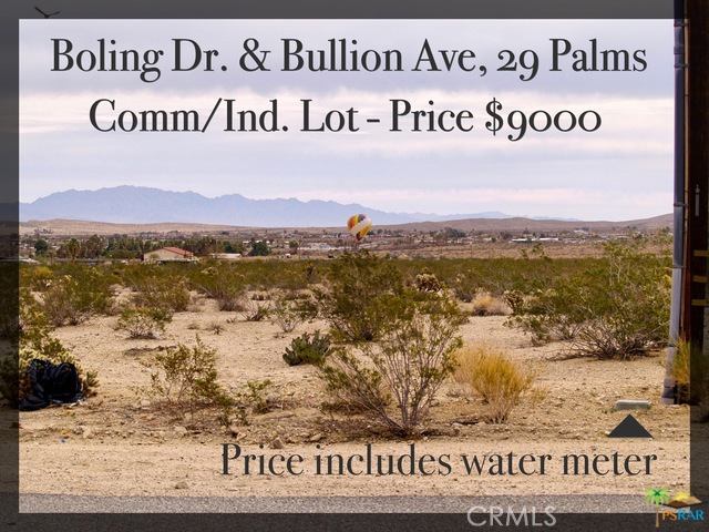 BULLION AVENUE: This is a Commercial/Industrial lot is located on the South/West corner of Bullion Ave. & Boling Dr. The Price includes a PAID water meter (value of about $3000). Dimensions are 70 X 138 = 9422 SF. Electric to land with a transformer. Possible uses are a commercial/industrial or house or many possibilities because of the zoning. On a paved road with curbs and a fire hydrant across the street. Survey stakes appear to be on the lot from a prior owner showing the boundaries. Across street is the City of 29 Palms Offices & bus lot up the street. On the north side is a big house with great views. The day I was taking pictures Hot Air Balloons were being launched just to the east. To the south are the Awesome Mountain Views as you can see from my pictures you are only about 1/2 mile away from foothills. Owner will carry with 20% down $1800 1st Trust Deed of $7200 @ 7% interest amortized over 5 years payable $142.47 + $10 loan service fee. APN#0594-011-33-0000.