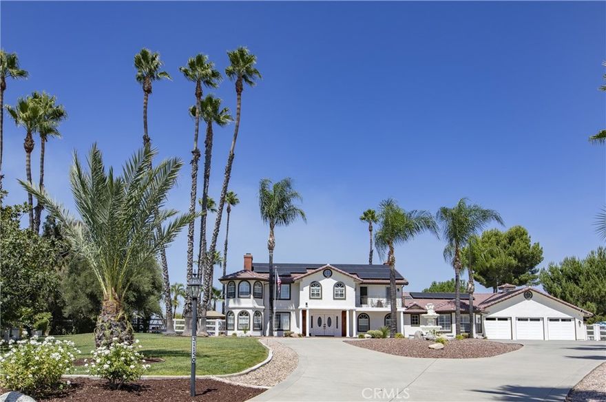 Entertainers Dream Home & HORSE PROPERTY in the prestigious Santiago Estates in middle of city with LOW TAXES in cul-de-sac with VIEWS in every direction! Close to Old Town, Wineries, Pechanga Casino, shopping and so many restaurants! Enjoy the 2.4 acres of usable land that includes horse property w/barn and arena on lower portion of property. Pride of ownership throughout with many seller upgrades. This 4533 SF home features 5 BR/4.5 BA. Downstairs features formal entry, formal living room w/fireplace, a sitting room and formal dining room. The kitchen features professionally designed new cabinets, new lighting, new custom designed "hood" filter, new cooktop, new dishwasher, new microwave, tons of counter space with breakfast bar, an island, plus a walk-in pantry. There's a family room w/fireplace, and an office or craft room. Other side of home has an extra-large family room w/fireplace and a built-in wet bar.

Upstairs has large primary suite with living area, fireplace, separate bedroom, walk-in closet and newly renovated bathroom with walk-in shower, separate vanities, quartz countertops, and oversized jacuzzi tub. Total of three extra bedrooms, an extra bathroom and a jack-n-jill bathroom.

Beyond the huge family room, Next generation suite with own entrance, with separate BR and BA. Also, a room that could be used as a kitchenette area with new cabinets and quartz counter. The newer LVP flooring runs throughout the first level. Two workout rooms next to oversized garage with cabinets. New water heater, new septic and leech line, new HVAC, new insulation and seal, plus the new 400-amp service added.

Outside features plenty of room to entertain, including a custom saltwater pool plus custom bar/island with grill and built-in stools that includes sink and power. Sit around the fire pit and enjoy the amazing sunsets!  Celebrate the Fourth of July with your guests, with the "front row seats" to the fireworks of Temecula. Enjoy the huge yard with plenty of fruit trees - Oranges, lemons, limes, figs, avocados, pomegranates, grape vines and olive trees. There are several above-ground planter boxes. The huge backyard is completely fenced. Need a private office? Check out the outdoor office that gives you the space and privacy you need to work from home. There's solar for heating the pool and 48 solar panels generating power installed in 2022 along with the new roof! Plenty of room with your 3-car garage plus outside parking for your RV or other adult toys.