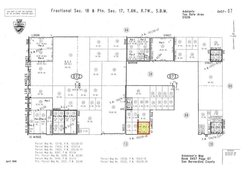 ±8.5 acres of unimproved residential land for sale at the corner of St Lawrence and El Mirage Rd in El Mirage; APN: 0457-073-59, 60, 61, 62. Zoned Rural Living (RL) these lots permit for primary residential use with secondary uses for a variety of commercial and service uses with conditional permitting. Water and power are available at site, along with ±600 ft of frontage on El Mirage Rd. The property’s location within a Qualified Economic Opportunity Zone may allow the owner to take advantage of certain tax benefits. El Mirage continues to grow as an agricultural hub and is also the home of the recently approved Baldy Mesa Solar Project. Spanning approximately 1,000 acres, this 150 MW solar and 75 MW battery energy storage project will deliver energy to the nearby Edison substation in Adelanto, generating clean energy that will offset approximately 300K tons of carbon emissions annually. The energy project is funded by Amazon, who recently completed construction of a 1.2MM square ft logistics warehouse at nearby Southern California Logistics Airport. Buyer to verify all information contained herein. Agent and their representatives are not responsible for the accuracy of these claims.