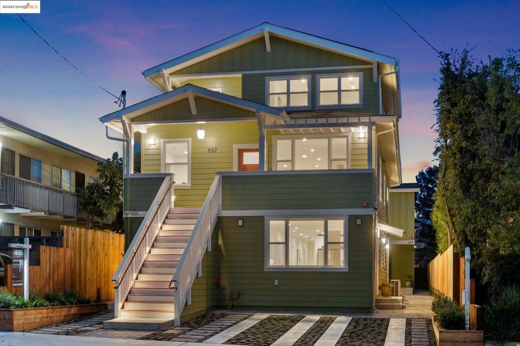 Welcome to 667 & 667A Alcatraz, a brand-new modern residence with a spacious main home plus a thoughtfully designed ADU, ideally located on the Oakland/Berkeley border. This ground-up new construction offers peace of mind with all-new electrical, plumbing, and sewer systems. Both units showcase designer kitchens with premium finishes, stainless steel appliances, open layouts, tiled baths, in-unit laundry, and light-filled bedrooms. The main home, 667, spans two levels with soaring ceilings, 4 bedrooms, 2 baths, and a versatile front office with French doors. Upstairs, two oversized bedrooms each enjoy private balconies, large closets, and sweeping views. The ADU, 667A, features 3 bedrooms, 2 baths, and an open-plan living space with direct access to the rear patio, perfect for indoor/outdoor living. The landscaped grounds are low-maintenance and complemented by off-street parking, secure storage, and a partial solar system with expansion potential. Added value comes with long-term builder, construction, and appliance warranties, offering buyers both style and peace of mind.