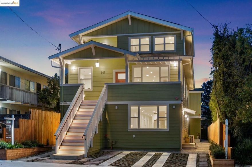Welcome to 667 & 667A Alcatraz, a brand-new modern residence with a spacious main home plus a thoughtfully designed ADU, ideally located on the Oakland/Berkeley border. This ground-up new construction offers peace of mind with all-new electrical, plumbing, and sewer systems. Both units showcase designer kitchens with premium finishes, stainless steel appliances, open layouts, tiled baths, in-unit laundry, and light-filled bedrooms. The main home, 667, spans two levels with soaring ceilings, 4 bedrooms, 2 baths, and a versatile front office with French doors. Upstairs, two oversized bedrooms each enjoy private balconies, large closets, and sweeping views. The ADU, 667A, features 3 bedrooms, 2 baths, and an open-plan living space with direct access to the rear patio, perfect for indoor/outdoor living. The landscaped grounds are low-maintenance and complemented by off-street parking, secure storage, and a partial solar system with expansion potential. Added value comes with long-term builder, construction, and appliance warranties, offering buyers both style and peace of mind.