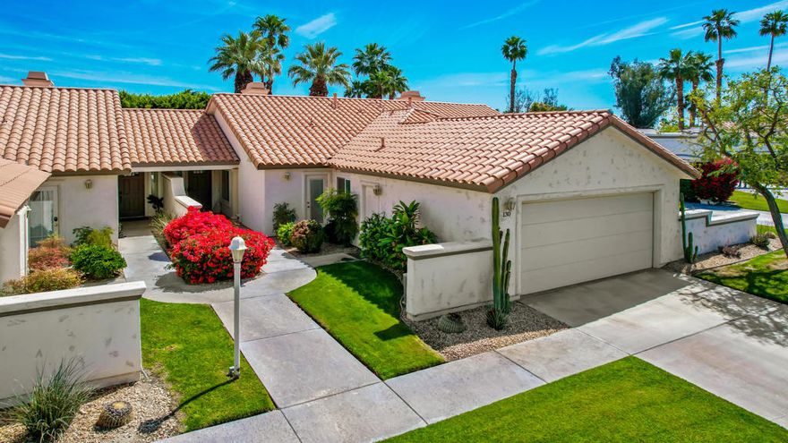Conveniently located off Cook St. near the 10 Freeway lies the guard gated community of Desert Falls Country Club. This community is home to a beautifully updated move-in-ready single-story condo, with 2 bedrooms, 2 bathrooms, and 1330 sq. ft. of living space. Enter the charming living room, featuring tile floors, high ceilings, stack-stone fireplace and bar area, and views of the back patio.  Adjacent to the living room is a separate dining area. The light and bright kitchen boasts quartz counters and stainless-steel appliances. The generous master suite has loads of closet space, with direct access to the back patio. The master bath has dual quartz vanities and a large walk-in shower. Your guests will appreciate the roomy 2nd bedroom and the separate full bathroom. Additional features include a separate laundry room and 2-car garage. Relax and unwind around the firepit on your large patio, with views of the Avondale golf course, while sipping your favorite beverage. Remodeled in 2018 and with no unit above, this condo offers privacy and comfort as a vacation retreat or full-time abode.  One of many community pools is located close by. Desert Falls Country Club offers beautiful desert scenery, spectacular views, fitness and health center, lighted tennis/pickleball courts, clubhouse with restaurants that host numerous events, and an 18-hole, championship golf. Offered Turnkey Furnished, per Sellers' Inventory List. Come experience the best of Desert living!