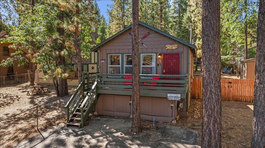 Tucked among the pines in one of Big Bear's most coveted neighborhoods, this modern and stylish 2-bedroom, 2-bath cabin offers the perfect blend of charm, space, and location. Situated on a level, double lot, the beautifully treed setting creates a beautiful, park-like atmosphere--complete with a backyard spa for soaking under the stars. Inside, newer pine tongue-and-groove paneling and a stunning brick fireplace set the tone for cozy mountain living. Natural light pours through picturesque windows in every room, framing serene views and enhancing the open, airy feel. The updated kitchen features fresh granite countertops, stainless steel appliances, and gorgeous wood laminate flooring throughout. Enjoy summer evenings or snowy mornings on the expansive patio deck or take advantage of the privacy-fenced RV/boat parking and generous outdoor space for year-round play. With a stack washer/dryer, two full bathrooms, and a layout that's ''just right,'' this cabin is as functional as it is inviting. Sold turnkey and ready to enjoy! Located minutes from Bear Mountain and Snow Summit ski resorts, golf course, the lake, Alpine Zoo, Village shops, and local coffee spots--with ski shuttles and forest trails within walking distance--this home is ideal as a vacation getaway, full-time residence, or income-producing rental. Short-term rental licensed and permitted. Don't miss this rare opportunity to own a slice of mountain magic in Lower Moonridge!