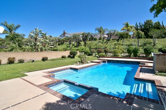 Immaculate Anaheim Hills pool home on one of the largest lots in the neighborhood, offering exceptional curb appeal with mature landscaping and a welcoming double-door entry. This home features 3 spacious bedrooms plus a versatile bonus room that can serve as a 4th bedroom, office, or playroom. The living room is bright and airy with soaring vaulted ceilings and flows seamlessly into a formal dining area, perfect for entertaining. The remodeled kitchen is a true centerpiece, featuring quartez countertops, stainless steel appliances, refrigerator and a built-in espresso station. Adjacent to the kitchen, the expansive family room features a cozy fireplace and a built-in wet bar complete with cabinetry and wine cooler. Additional upgrades throughout the home include plantation shutters, ceiling fans, new lamnite wood flooring and newer carpet upstairs, fresh interior paint, and newer dual-pane windows. The luxurious master suite boasts a double-door entry, generous walk-in closet, and a spa-inspired bathroom with a separate shower. The backyard is an entertainer’s dream, with a covered patio, oversized sparkling pool, and relaxing spa. The two-car garage includes built-in cabinets for extra storage and EV charger. Located in a top-rated school district, hiking trails and shopping. Move-in ready, this turnkey home offers the perfect combination of style, comfort, and location, making it an exceptional opportunity for discerning tenants.