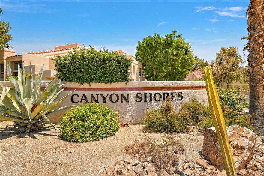 Welcome to Canyon Shores!! This beautifully maintained ground floor condo has 2 Bedrooms, 2 Baths. The remodeled kitchen has lots of cabinets and counter space. Plantation shutters throughout make it light and bright. Gated community with main pool/spa at the clubhouse, tennis & pickleball courts, 5 lakes & pools in a pet friendly community. This condo has been extensively remodeled to include, porcelain tile floors, newer carpeting, remodeled baths, & and showers. Newer ceiling fans, new closet doors, built in dresser in primary bedroom. Newer A/C compressor & condenser, newer water heater, new roof and new electrical upgrades. Awesome patio view of the pond, Low HOA fees of $570 per month. HOA includes, water, trash, property maintenance, landscaping and insurance. FEE SIMPEL LAND!!! Rentals allowed with city permit, 30 day minimum. Centrally located to shops, dining, outdoor activities and the airport. Great full-time resident/Investment opportunity.