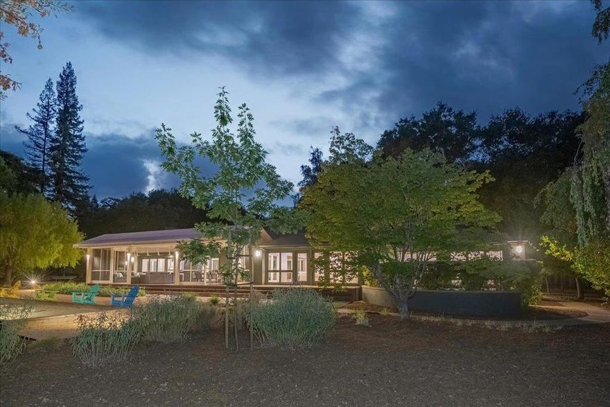 Nestled on a Portola Valley cul de sac, this expansive 4,120 sq ft 5 BD/4.5 BA modern ranch boasts open, vaulted living spaces and an ideal floorplan that maximizes the bucolic views. Slide open the modular screendoors on the long & covered back porch to enjoy the oak and redwood-dotted 1Â± acre property. Cook in the open-plan kitchen which adjoins the family room w/ vaulted ceiling, wood-burning fireplace & French doors to patio. Formal living room's broad expanse is heightened by beamed & vaulted ceiling, with gas fireplace, wall of windows and glass doors leading to picturesque bocce court. For entertaining, powder room sits close to formal dining room. Luxurious dressing room in Primary Suite, in addition to walk-in closet, houses custom floor-to-ceiling drawer system. Skylights in Primary Bath highlight double vanities & mosaic-tiled shower w/ bench. Shared Private Tennis Court for the 3 homes on st. Walk to Corte Madera School, Alpine Inn (Zotts),  Alpine Hills Club or Robert's.