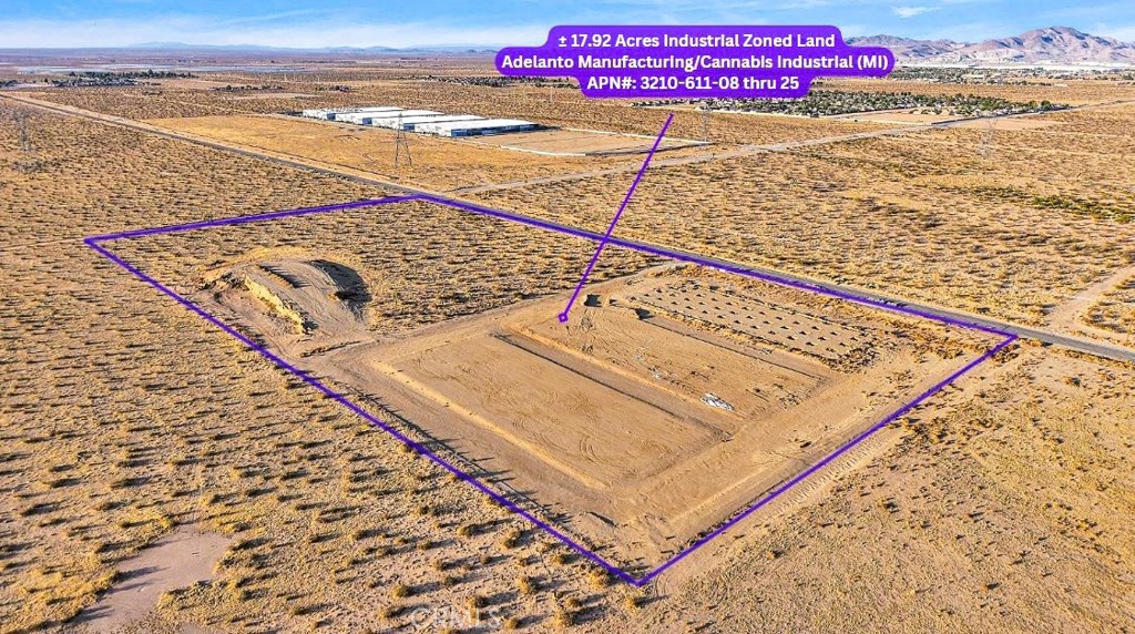 ±17.92 Acres – 18 Subdivided Parcels Zoned MI (Manufacturing/Industrial) in Adelanto, CA
An outstanding opportunity to acquire ±17.92 acres of industrial land in the fast-growing City of Adelanto. This property has been newly subdivided into 18 contiguous parcels, each approximately ±1 acre in size, offering maximum flexibility for developers, investors, and end users alike.
Zoned MI (Manufacturing/Industrial), the site supports a wide range of industrial uses including warehousing, distribution, light manufacturing, and potential cannabis-related operations (subject to city approval). The subdivision layout offers strong potential for phased development, individual lot sales, or build-to-suit strategies.
Located in the established North Adelanto industrial zone, the property offers excellent access to Highway 395, Southern California Logistics Airport, and major national operations like the Amazon Fulfillment Center and Dr. Pepper/Snapple facility.
With Adelanto’s business-friendly environment, efficient planning process, and growing demand for industrial space, this property is well-positioned for long-term success and scalability.
Buyers are advised to verify all information independently, including permitted uses, development requirements, and utility access with the City of Adelanto Planning & Building Department.
This is a rare opportunity to secure a large, subdivided industrial site in one of the High Desert’s most active and promising markets.