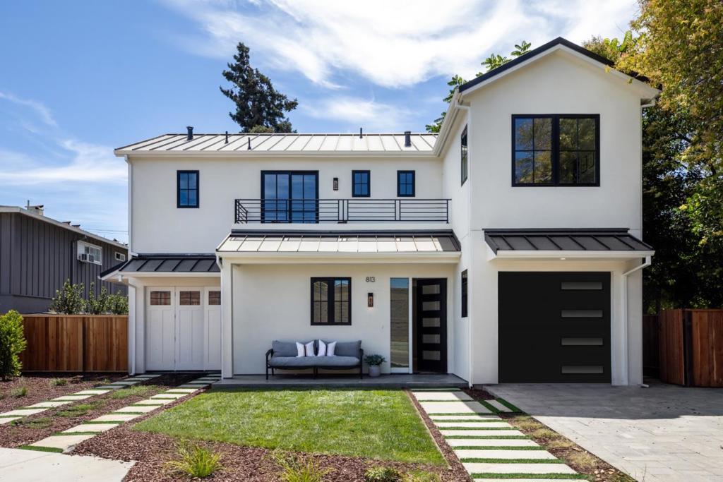 This stunning new construction presents a modern farmhouse design with beautiful finishes in a sought-after Menlo Park location. The two-story floor plan has 4 bedrooms (all 4 bedrooms upstairs) and 3 full baths, stunning hardwood floors, Andersen windows and doors, and abundant natural light. Indoor outdoor living at its best as the living and dining area opens to the rear yard through stacking glass doors. The kitchen features sleek cabinetry, quartz countertops, and premium Thermador and Bosch appliances. The upstairs primary suite has a cathedral ceiling, private balcony, walk-in closet, and luxury bath with freestanding tub and rain shower. Three additional bedrooms share a stylish hallway bath, and a laundry room is also upstairs. Added highlights include attached garage parking for 2 cars, an EV outlet, landscaped yards, Enphase solar energy, and keyless entry. The location is ideal minutes from Meta headquarters, downtown Palo Alto and Menlo Park, and acclaimed Menlo Park schools.