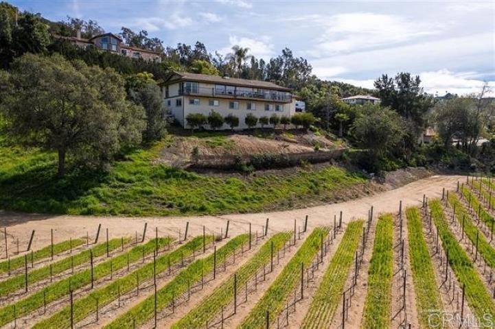 Incredible views and privacy! This feels like Napa Valley. Perched directly above and adjacent to the beautiful Monserate Winery Vineyard. Enjoy stunning sunset views from all of the major rooms in this lovely home as well as a spacious full-length balcony. This elegant and spacious 5 bedroom and 3.5 bath home has over 3800 sq ft and first-class amenities including a gourmet kitchen with Bosh appliances, self-closing Alderwood cabinets, granite counters, and Travertine floors. Enter the charming and entertaining gated brick front courtyard leading to the opening double door entry. Enjoy the dramatic living room and dining room with vaulted wood beam ceilings, separated by a beautiful double sided stacked stone fireplace, all with dramatic unobstructed views of the winery and surrounding hills of Gird Valley. There are three bedrooms on the entry level including a spacious master bedroom with gorgeous views, an elegant master bathroom, as well as an additional full bathroom and convenient half bathroom. Travertine and wood floors throughout. The lower level has a huge "great room" with a wet bar as well as two additional bedrooms, all with great views. You will also find a stunning bathroom, office space, and storage room on this floor. The separate entrance to the lower level opens up the possibility of multi-generational living. Popular Bonsall schools. Enjoy the views of the winery and visit the tasting room and restaurant. This is truly a unique private oasis in a great location close to Highway 76 and I-15. No HOA fees or Mello Roos tax.