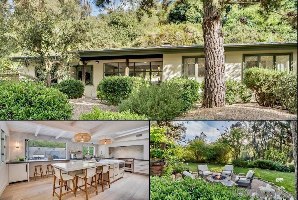 Private, single level retreat on the border of Rancho Santa Fe feels like you’re away from it all, yet minutes from fine dining, shopping, golf, I-5 and Del Mar beaches. This impeccably remodeled, mid-century modern is perched atop a gated 1.05 acre lot that offers an abundance of outdoor spaces to enjoy. Extensive renovation using the finest materials & finishes provides for a modern, yet warm & inviting place that feels like home. Light & bright open concept living with a thoughtfully designed kitchen as the focal point of the home, featuring timeless wide-plank French oak floors, marble & basalt counters, LaCantina doors & windows and high-end appliances from Sub-Zero, Wolf & Miele. Kitchen opens to living room with bar, dining area & family room. Off the kitchen is a private rear patio that features built-in Lynx & Evo grills, wood-fired pizza oven and plumbed patio heater. Several other outdoor areas to enjoy as well within this gated & fully fenced hideaway. See supplement for more info Pass through your automated gate and head up the driveway to this warm and inviting retreat, located on the border of Del Mar and Rancho Santa Fe. Home features a four-car garage and a large driveway for additional guest parking. Enter through the Dutch front door and you’ll instantly feel a sense of elegance and warmth. Open concept floor plan is light and bright with an abundance of windows, operational skylights, and raised ceiling with exposed beams. French oak flooring throughout the interior of the home ties everything together masterfully, including living, dining, family rooms and chef’s kitchen. Located on one wing of the home is a gorgeous primary suite with garden views, retreat, luxurious bathroom and large walk-in closet. Also on this wing is a spacious secondary bedroom and another full bathroom. On the opposite wing of the living space are two more bedrooms, full bathroom, laundry area and direct access to the four car garage. There are numerous outdoor spaces to enjoy, including rear patio off the kitchen with large built-in BBQ counter, a firepit area, and a front garden patio that all feature exterior lighting with Wi-Fi controls and exterior speakers tied into the whole house Sonos sound system. Property also features bocce ball court, chicken coop, grassy area, and upper garden area. Additional upgrades include new drain lines and copper water lines, tankless water heater, smart thermostats, LaCantina doors & windows, custom closets & built-ins for storage, Liftmaster Wi-Fi controlled gate & garage door openers, Hydrawise smart sprinkler system, ADT security system, and much more.