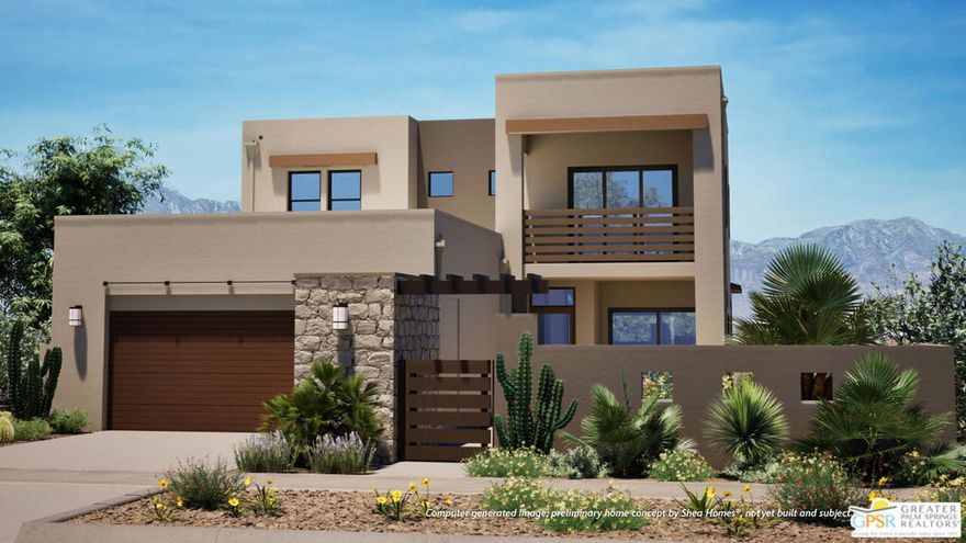 Welcome to Cotino, Storyliving by Disney, the first community of its kind in Rancho Mirage. Nestled in the serene Longtable Park section of our community, this exquisite 2-bedroom, 2.5-bathroom two-story home (Moderne) by Shea Homes is thoughtfully designed for those 55 and older who seek a harmonious blend of luxury and tranquility. Spanning 2,821 square feet, this residence is nearly finished being built and will allow you to experience resort-style living and stunning 180-degree mountain views. The inviting front porch entry opens to a thoughtfully designed, open-concept floor plan. The spacious great room seamlessly connects to a delightful covered outdoor living area perfect for relaxing or entertaining. The main-floor primary suite offers a luxurious retreat with a spacious bath and direct outdoor access to your own private spool, creating the perfect personal oasis. The second-floor bedroom includes its own en-suite bath and a large walk-in closet. This home features half baths on both the first and second floors for added convenience. A first-floor flex space provides the versatility to tailor the area to your lifestyle needs, and the upstairs loft opens to an expansive covered deck, ideal for enjoying the desert landscape. Cotino combines natural beauty, charming parks, and the magic of Disney to create a unique and vibrant community perfect for beginning your next chapter. Come see for yourself and experience all that this exceptional community has to offer.