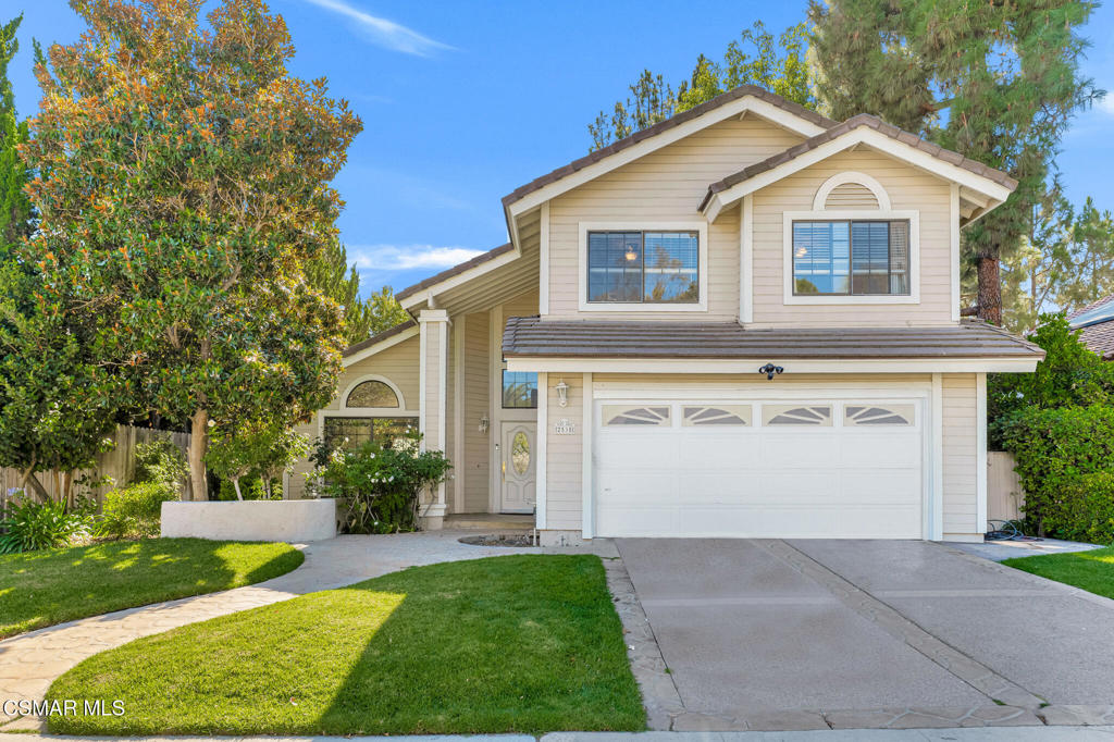 Welcome to this spacious 4 bedroom, 2.5 bath home in the highly sought-after Symphony neighborhood of Thousand Oaks! Offering over 2,000 sq. ft. of living space on an 8,300+ sq. ft. lot, this light and bright home features high ceilings, a separate living and family room, and beautiful hardwood flooring throughout the downstairs. The spacious kitchen with center island includes stainless steel appliances, opening to a family room with a cozy fireplace, shutters, and direct access to the redesigned backyard. Outside you will find an in-ground spa, grassy area, outdoor lighting, and beautiful pavers- creating the perfect backdrop for relaxing or entertaining. Completing the first level is the indoor laundry room with washer dryer included and the powder bath.The primary suite offers a retreat-like feel and has extended into the 4th bedroom to create an ideal space for a sitting area, office or flex space. The en-suite bath features a double vanity, walk-in closet, separate tub and shower. Two additional bedrooms and a full bath complete the upstairs area. This home has been well maintained with new system upgrades including heating and cooling, roof and water heater all within the last 10 years. Just down the street from the community park, pool, spa, sports court, and playground, and minutes from shopping, dining, and top-rated schools- come experience why so many love this peaceful and friendly community! Homes in this pocket of Thousand Oaks are rarely available--don't miss your chance to make this one yours!