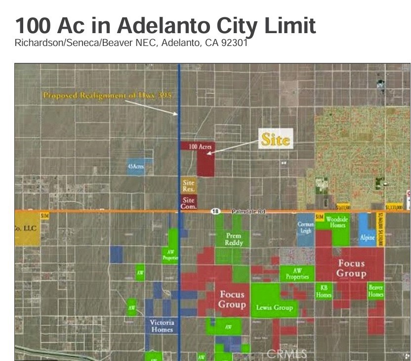 100-Acre Residential Investment Opportunity
Located in Adelanto, California, this 100-acre residential-zoned property has been officially planned by the city, offering tremendous development potential. According to city regulations, approximately 4.5 housing units can be built per acre, making it an ideal choice for large-scale community development.
Prime Location Advantages
• Northern Boundary: Adjacent to Highway 18, providing convenient transportation and quick access to nearby cities.
• Southern Boundary: Borders Seneca Road, with a high school located nearby and two elementary schools and a kindergarten within walking distance to the east.
• Western Boundary: Close to Richardson Avenue, a paved road projected to become the commercial hub of the area, attracting more residents and business opportunities.
Infrastructure and Surrounding Development
• Growing Residential Demand: Multiple new housing developments are underway on the eastern side, highlighting the strong demand in this area.
• Established Infrastructure: Municipal sewer and water facilities are already close to the property, significantly reducing development costs.
• Investment Potential: The robust housing demand ensures attractive short- to mid-term returns on investment.
Future Growth Prospects
With the emergence of Richardson Avenue as a commercial hub and the rapid increase in local housing demand, 2028 is expected to be a pivotal year for this investment’s success. Whether you choose large-scale development or long-term holding, this property promises exceptional investment opportunities.
Contact Us Today to Secure This Rare Investment Opportunity!
We are ready to provide additional details and answer all your questions.