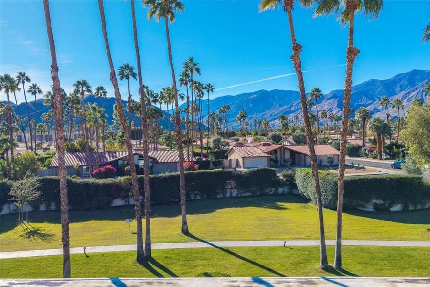 WOW, THE INCREDIBLE MOUNTAIN VIEWS! Sunrise East is already known for it's lush greenery, tree-lined walkways, and spacious park-like settings; but this unit also has the perfect orientation for viewing the many palm trees and majestic south mountains! Simply breath taking! This 2-bedroom & 2-bath condo embodies the midcentury style with with floor to ceiling dual-pane windows & sliding doors, let the sun shine in or take in all those gorgeous views in almost any direction ...or maybe try those beautiful electric hunter douglas shades for a little privacy, the choice is yours :). This home boosts an open floor plan, high ceilings, and many of the upgraded goodies you would want like recessed lighting, sophisticated ceilings fans, and even a wet-bar complete with a wine cooler. And did we mention the newer roof, or the brand new high-efficiency heating & air condition system, the installation was so incredibly well done that we were going to take a picture of this new HVAC too ...but seriously, there are plenty of modest upgrades to get things rolling in the kitchen, baths, laundry, etc, from some newer appliances, to upgraded cabinets, to flooring or other surfaces. Sure, maybe a few more upgrades could be in order, let your imagination run wide, and add a few more touches your way. This home has been lovingly cared for over the years, and it shows. Now let's step back out the huge sliding doors, and you have two rather private patios to enjoy, the front entry walk-up in bright and charming (exterior recently painted), or the rear patio has all the wonderful south facing views and greenery ...walk down to one of the six pools & spas nearby, yes Sunrise East has six pools & spas for a little relaxation, or if you are feeling active, why not play a little tennis or pickle ball at the courts? 44-acres of walkways, recreation, and fun! All homes are single-level Mediterranean style and spread rather far apart from one another, with large 2-car garages, plus ample storage throughout. Sunrise East is in the heart of south Palm Springs, close to Saddleback shopping centers and restaurants. It's pretty much all right here, a gated community and you own the land! EASY TO SHOW, COME SEE US TODAY!!