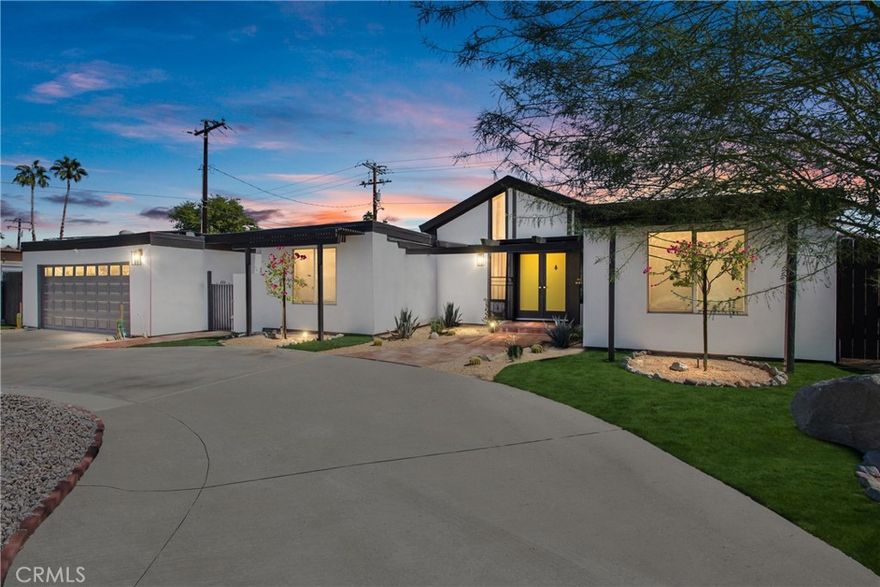 Modern Desert Home- Stylish, Smart & Steps from El Paseo.  Welcome to your fully remodeled modern oasis in the heart of South Palm Desert, just blocks from the shops and dining of El Paseo.  This thoughtfully updated 3 bedroom and 2 bath home blends 70's retro charm, offering a bright, open layout that flows seamlessly into a vaulted living area with a striking  fireplace and custom dry bar.  The designer kitchen features premium appliances and sleek finishes, while the bathrooms showcase terrazzo tile.  Step outside to your private backyard retreat, complete with a pebble-tech pool, BBQ, pergola, fire pit, and fresh desert landscaping. Additional highlights include paid solar, smart-home upgrades, and curated designer touches throughout.  Whether you're seeking a weekend getaway or an income property, this turnkey gem delivers style, comfort, and location in perfect balance.